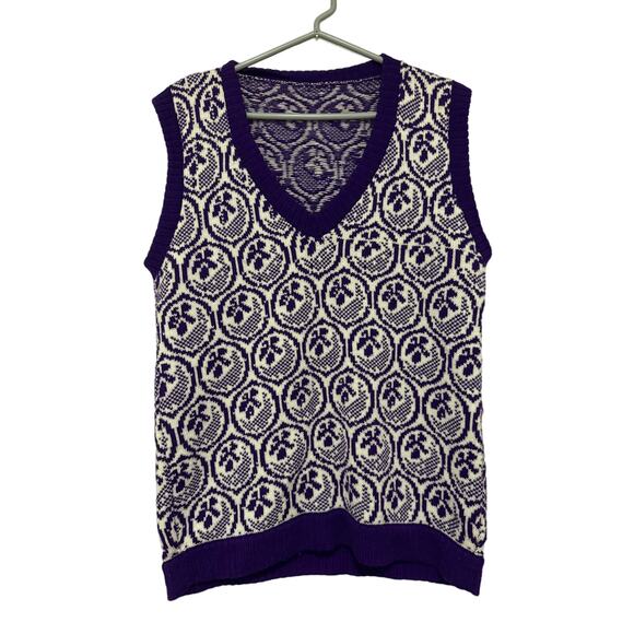 Vintage 90s Retro Knit Purple Sweater Vest Mens Medium Geometric Hipster Bold - Picture 1 of 5